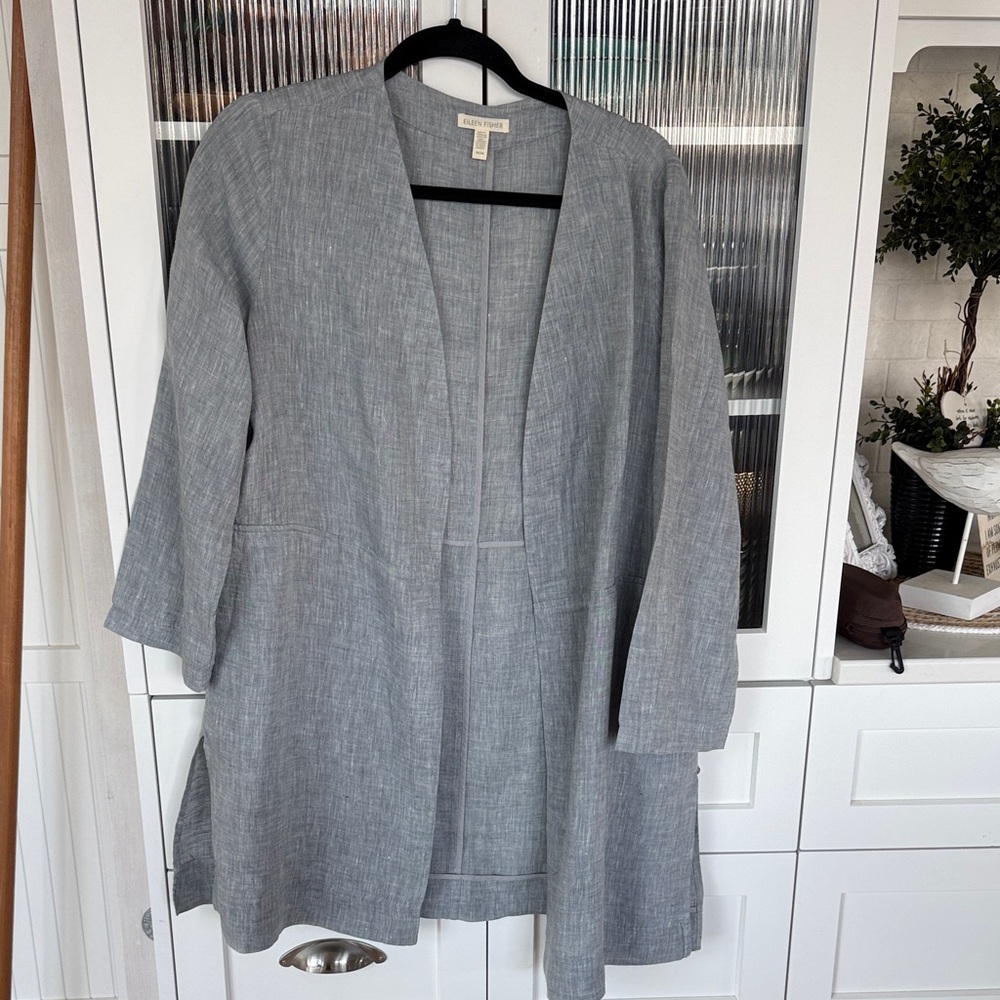 Eileen Fisher Organic Linen Chambray Long Jacket w/ Pockets Open Front M